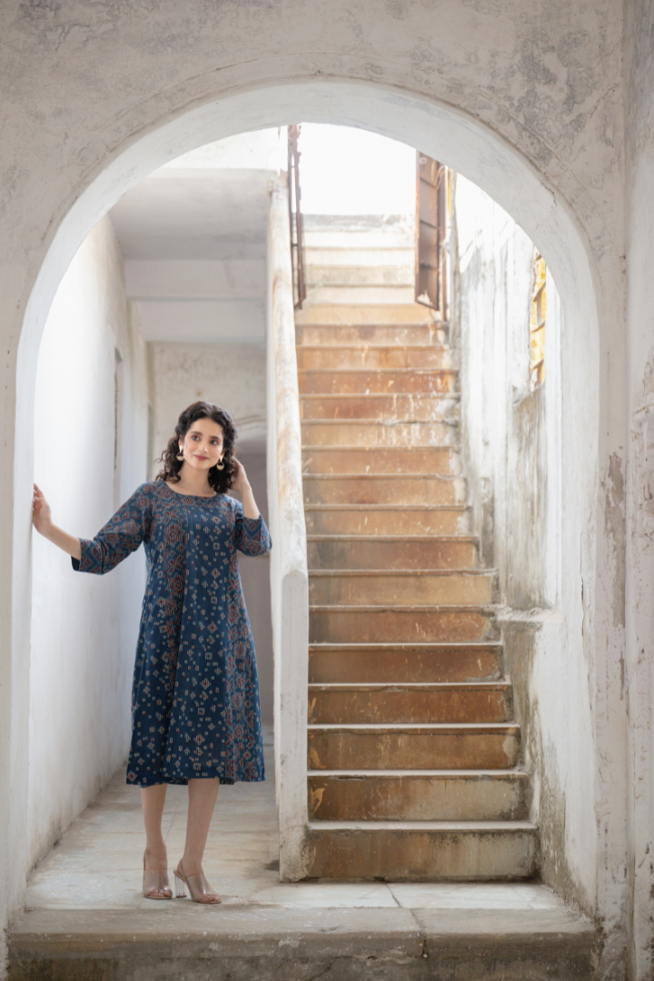 Ajrakh Hand Block Printed Indigo Cotton Dress – Rekh Indigo / M