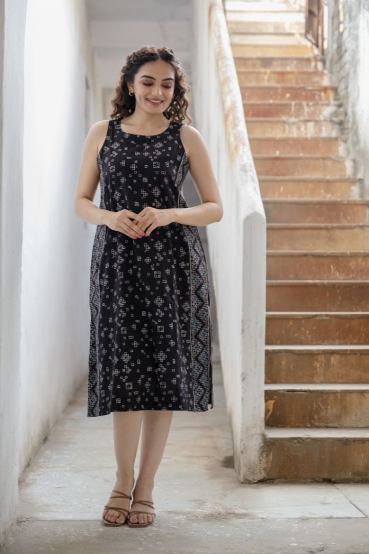 Black Ajrakh Hand Block Printed Cotton Sleeveless Dress – Rekh