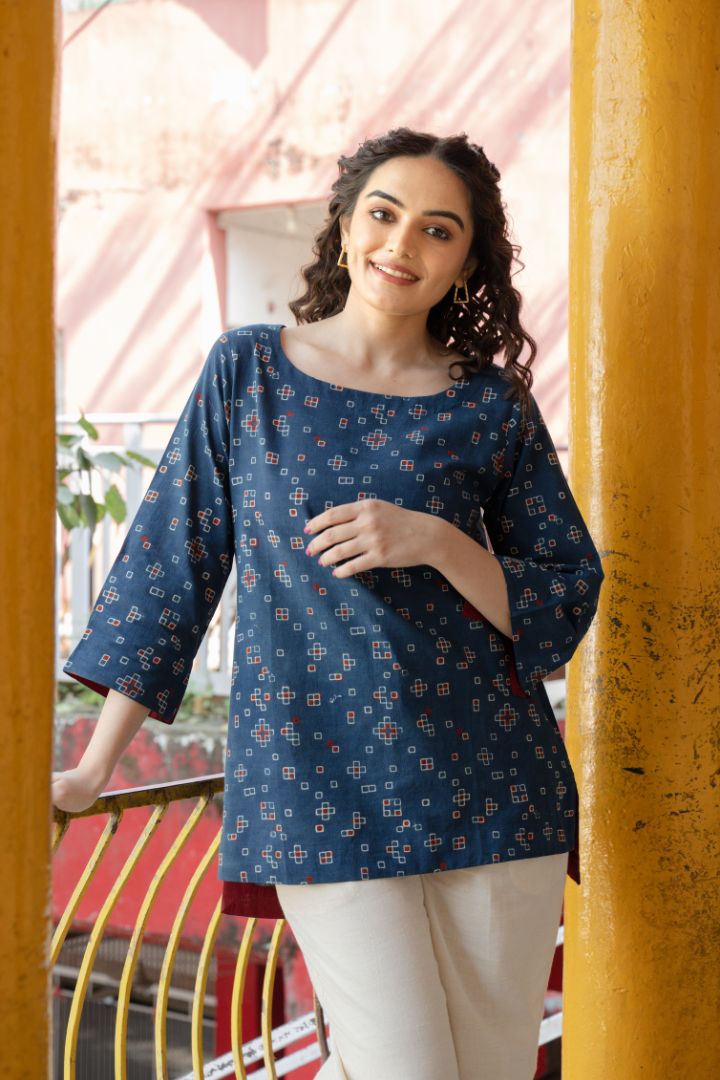 Indigo Ajrakh Printed Cotton Everyday Top – Rekh