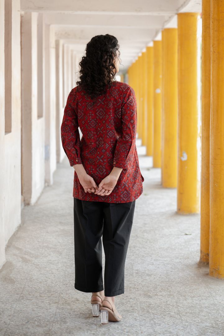 Maroon Ajrakh Hand Block Printed Cotton Top with V-Neck – Rekh