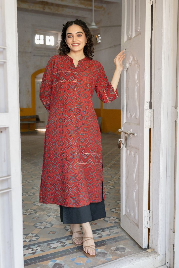 Maroon Ajrakh Hand Block Printed Cotton Kurta – Rekh