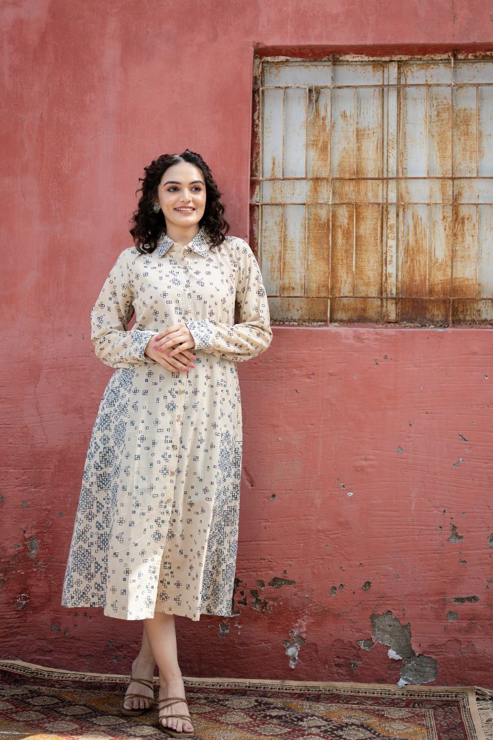 Handcrafted Ajrakh Cream Cotton Shirt Dress with Embroidery – Rekh