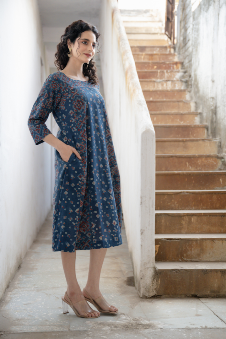 Ajrakh Hand Block Printed Indigo Cotton Dress – Rekh
