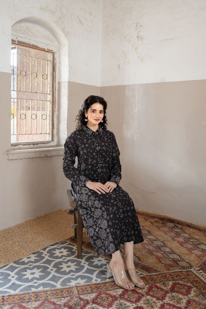 Black Ajrakh Hand Block Printed Cotton Shirt Dress – Rekh