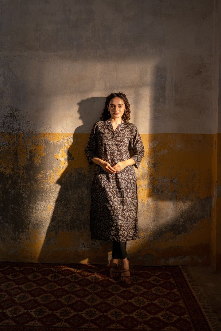 Handcrafted Black Ajrakh Cotton Kurta – Rekh