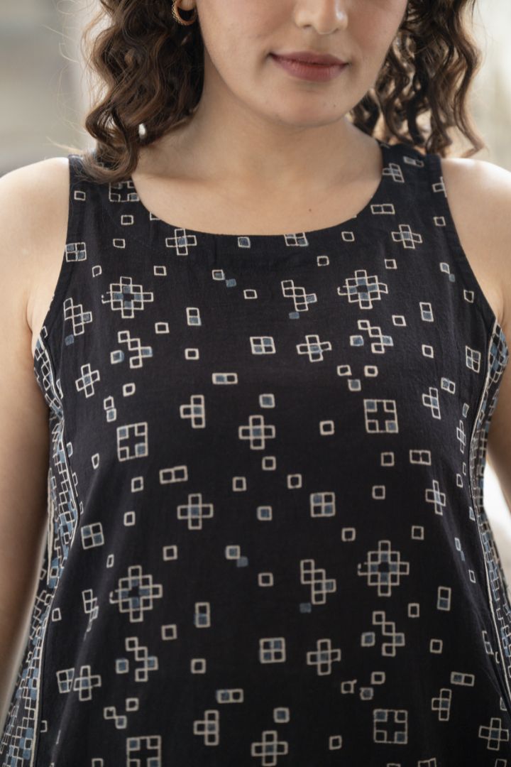 Black Ajrakh Hand Block Printed Cotton Sleeveless Dress – Rekh