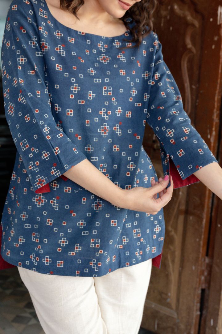 Indigo Ajrakh Printed Cotton Everyday Top – Rekh
