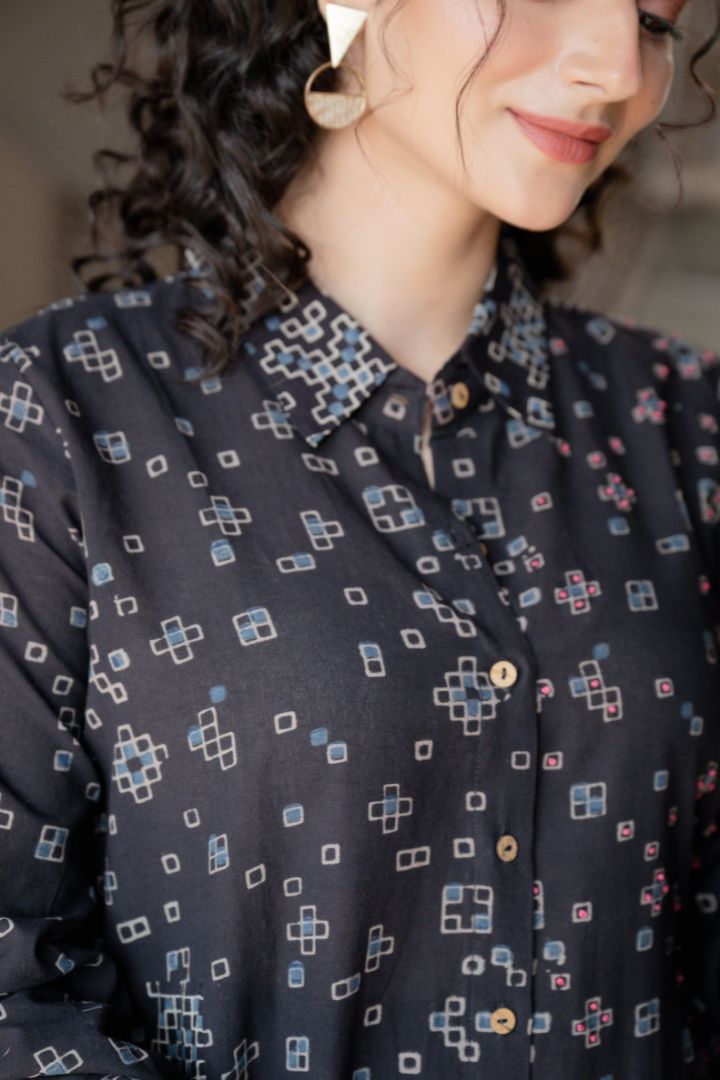 Black Ajrakh Hand Block Printed Cotton Shirt Dress – Rekh