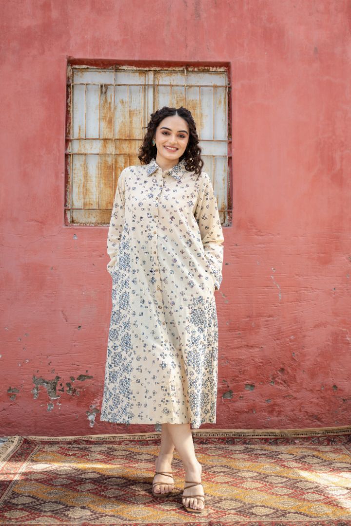Handcrafted Ajrakh Cream Cotton Shirt Dress with Embroidery – Rekh