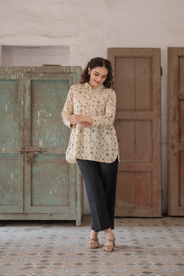 Ajrakh Hand Block Printed Cream Top with Shirt Collar – Rekh