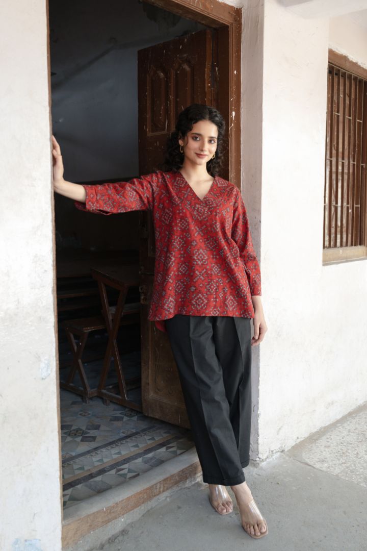 Maroon Ajrakh Hand Block Printed Cotton Top with V-Neck – Rekh