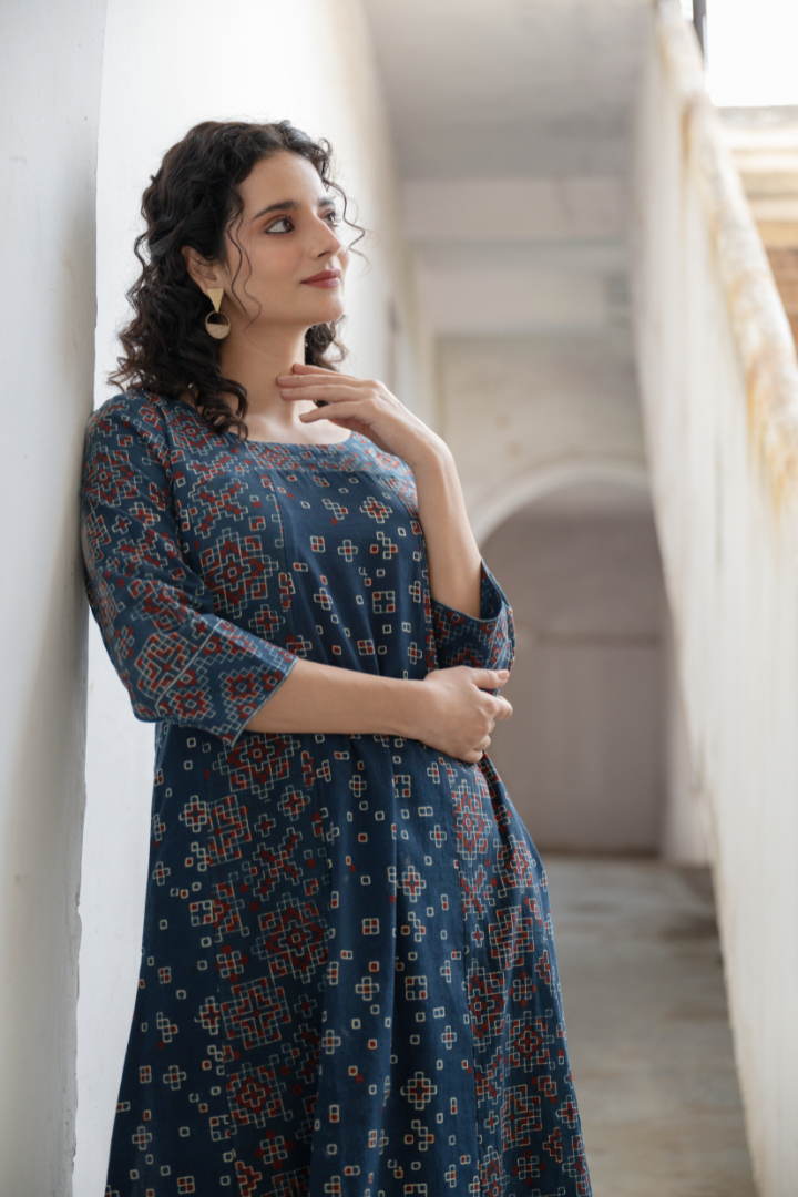 Ajrakh Hand Block Printed Indigo Cotton Dress – Rekh