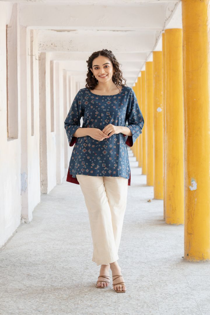 Indigo Ajrakh Printed Cotton Everyday Top – Rekh