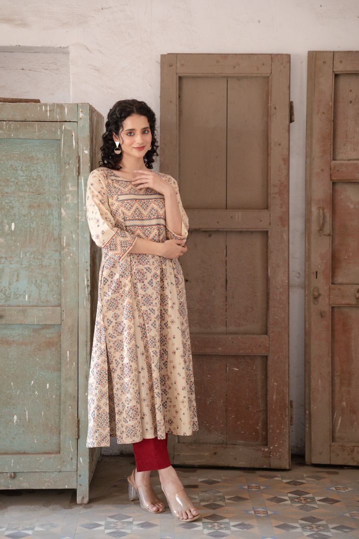 Ajrakh Hand Block Printed Cream Cotton Kurta – Rekh