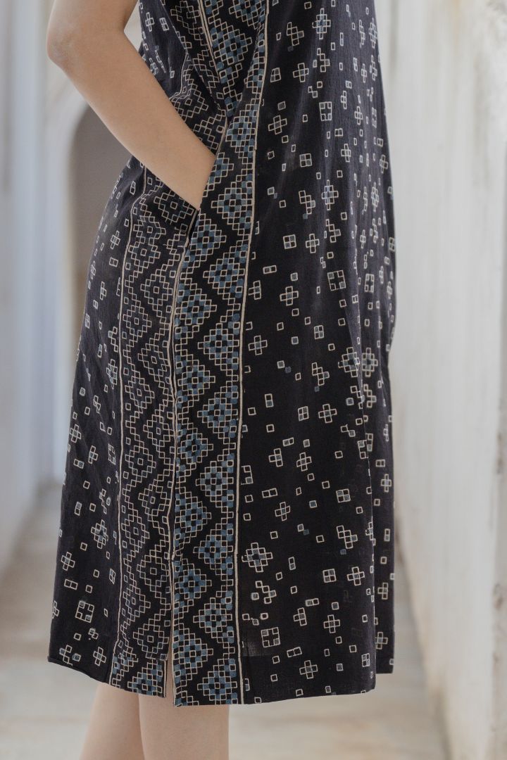 Black Ajrakh Hand Block Printed Cotton Sleeveless Dress – Rekh