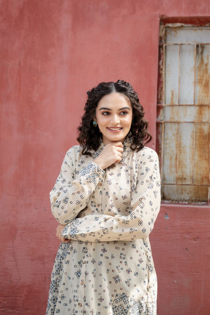 Handcrafted Ajrakh Cream Cotton Shirt Dress with Embroidery – Rekh