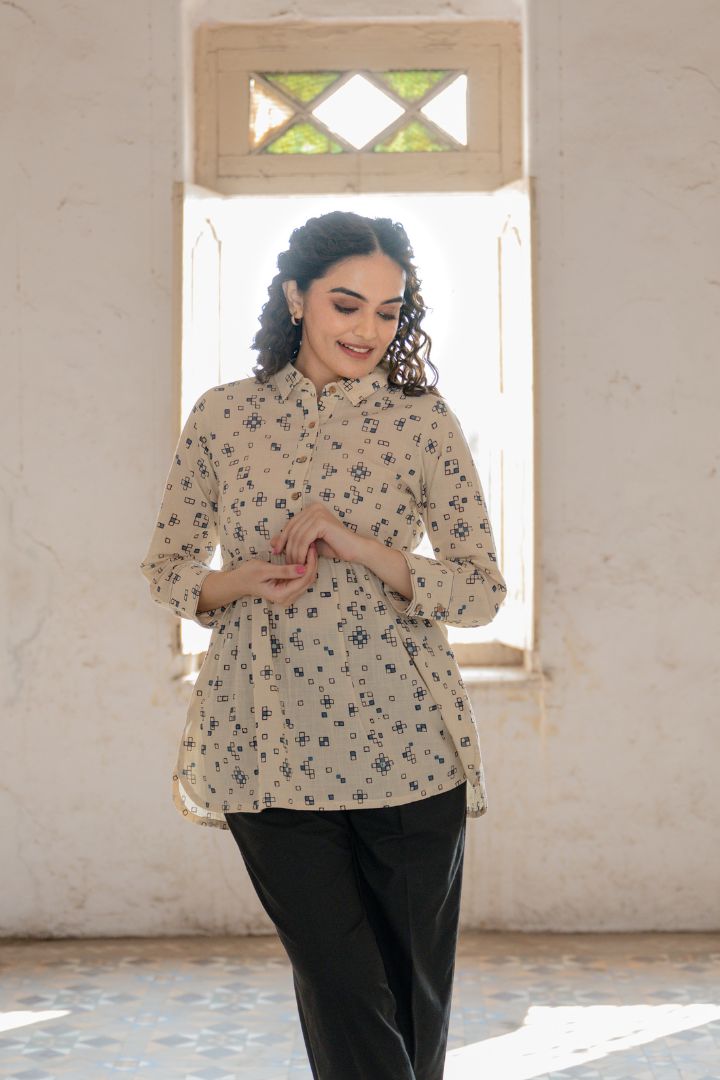 Ajrakh Hand Block Printed Cream Top with Shirt Collar – Rekh