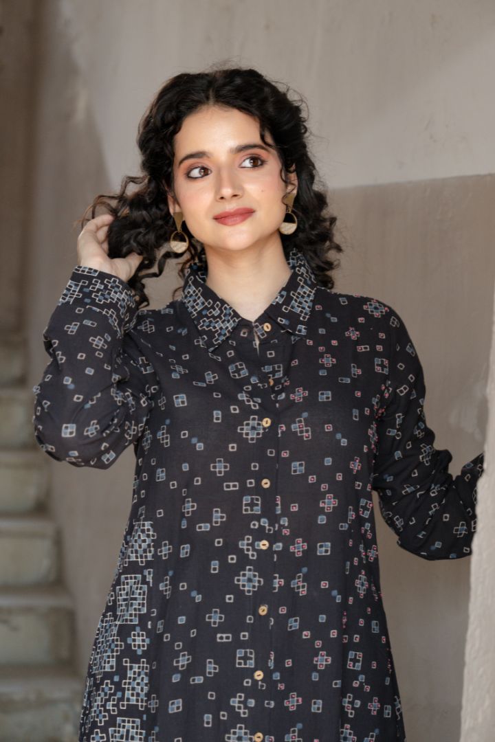 Black Ajrakh Hand Block Printed Cotton Shirt Dress – Rekh
