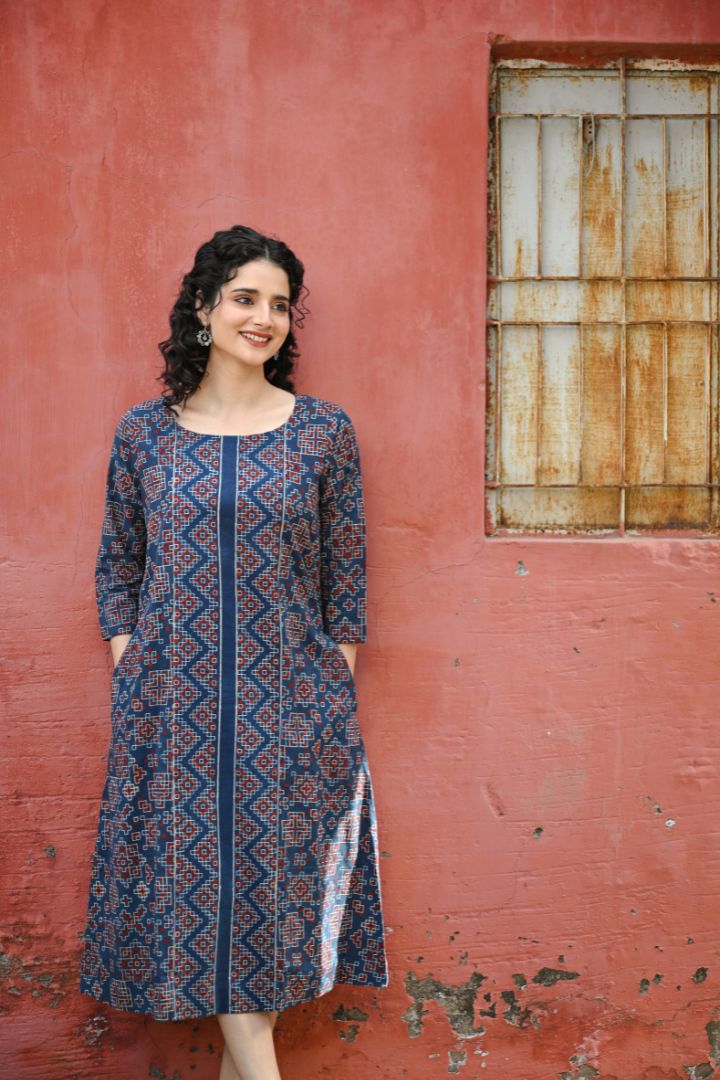 Indigo Ajrakh Hand Block Printed Cotton Dress – Rekh