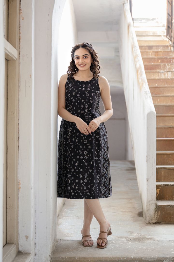 Black Ajrakh Hand Block Printed Cotton Sleeveless Dress – Rekh