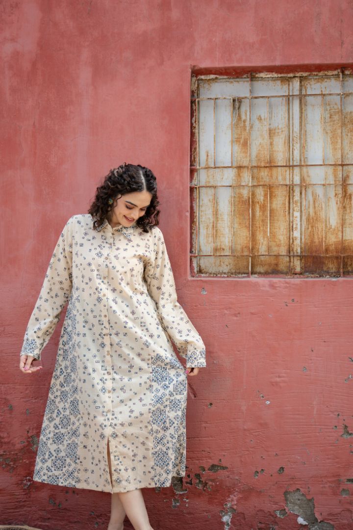 Handcrafted Ajrakh Cream Cotton Shirt Dress with Embroidery – Rekh