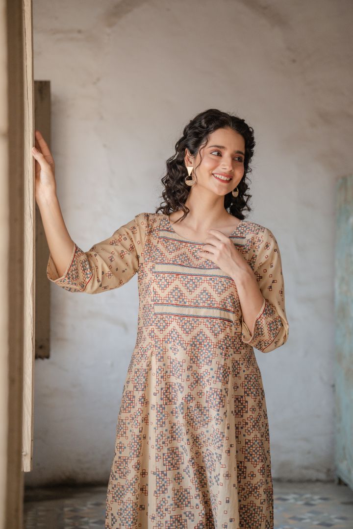 Ajrakh Hand Block Printed Cream Cotton Kurta – Rekh