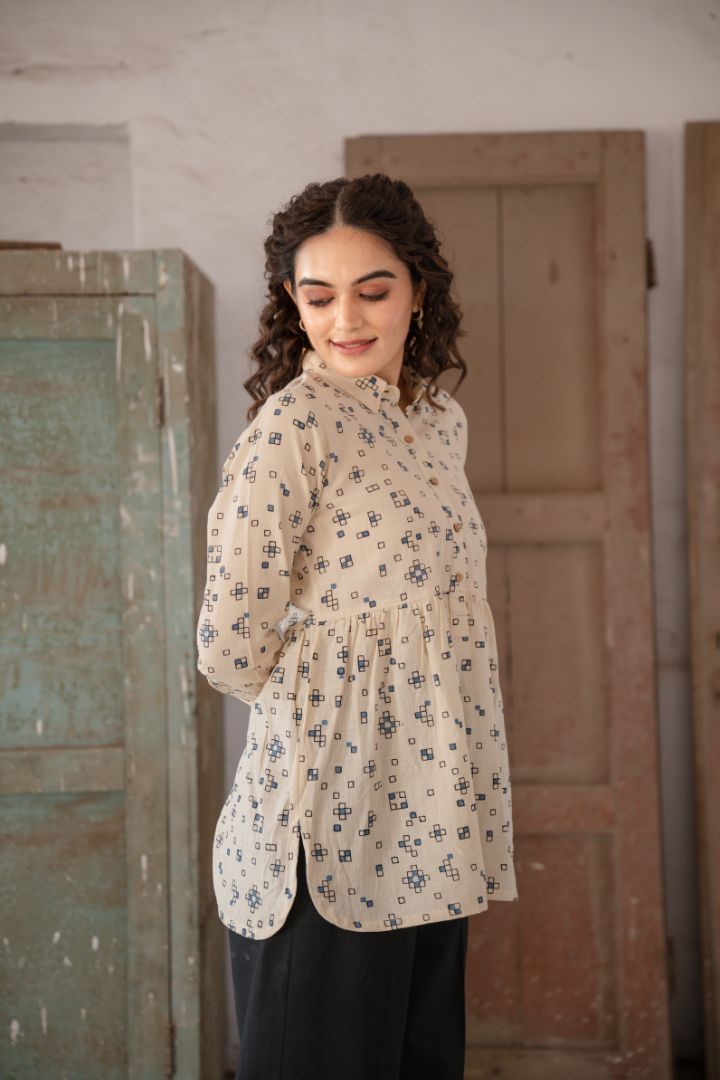 Ajrakh Hand Block Printed Cream Top with Shirt Collar – Rekh