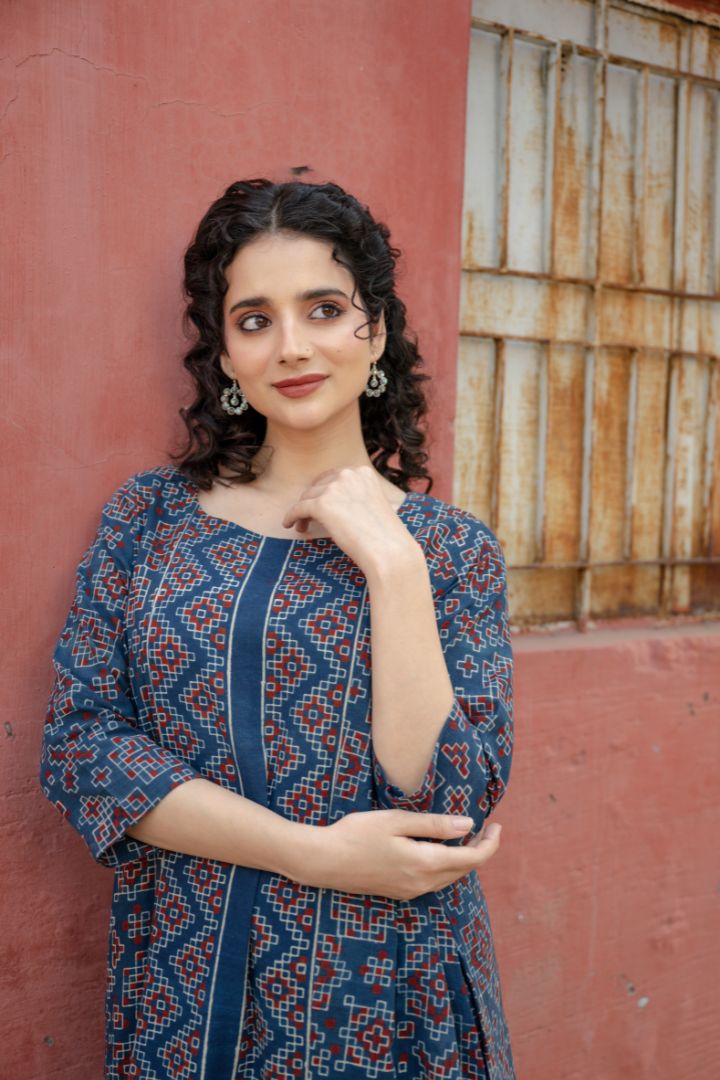 Indigo Ajrakh Hand Block Printed Cotton Dress – Rekh