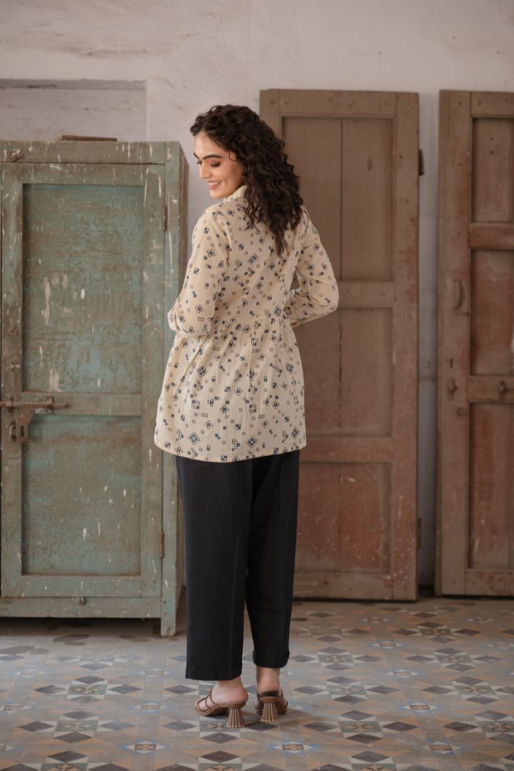 Ajrakh Hand Block Printed Cream Top with Shirt Collar – Rekh