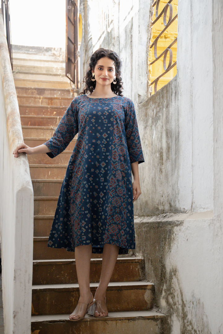 Ajrakh Hand Block Printed Indigo Cotton Dress – Rekh