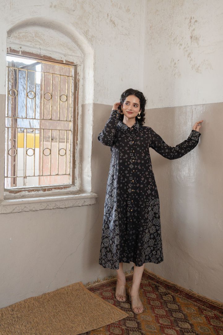 Black Ajrakh Hand Block Printed Cotton Shirt Dress – Rekh