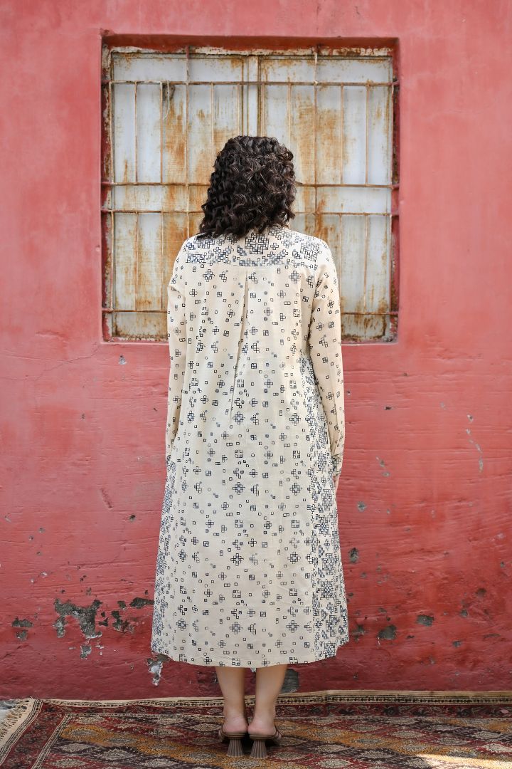 Handcrafted Ajrakh Cream Cotton Shirt Dress with Embroidery – Rekh