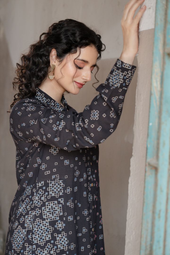 Black Ajrakh Hand Block Printed Cotton Shirt Dress – Rekh
