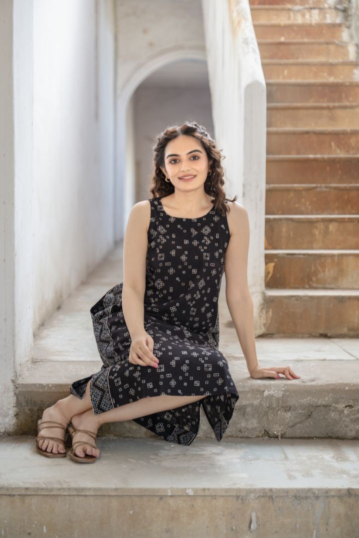 Black Ajrakh Hand Block Printed Cotton Sleeveless Dress – Rekh