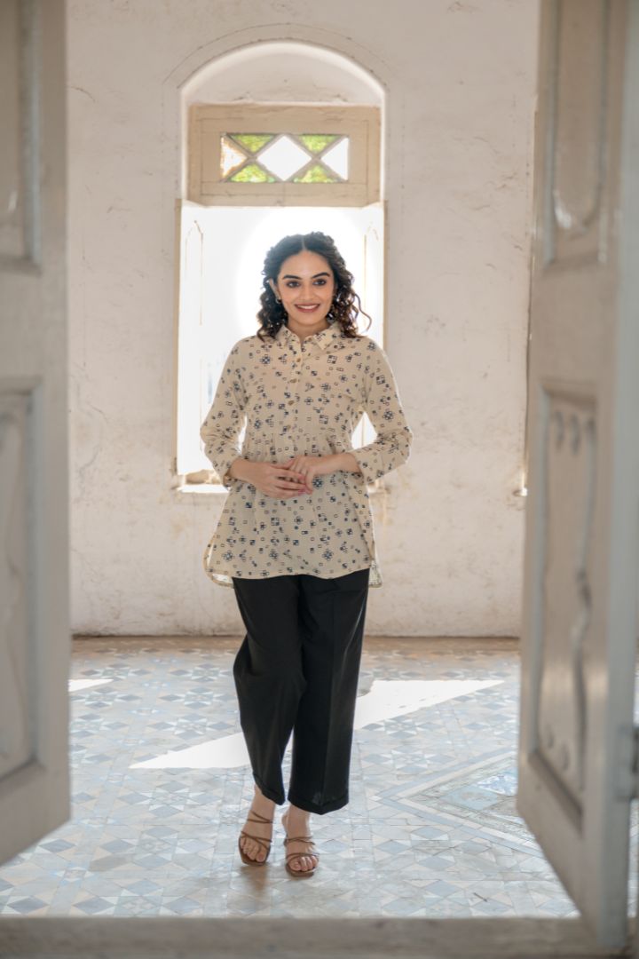 Ajrakh Hand Block Printed Cream Top with Shirt Collar – Rekh