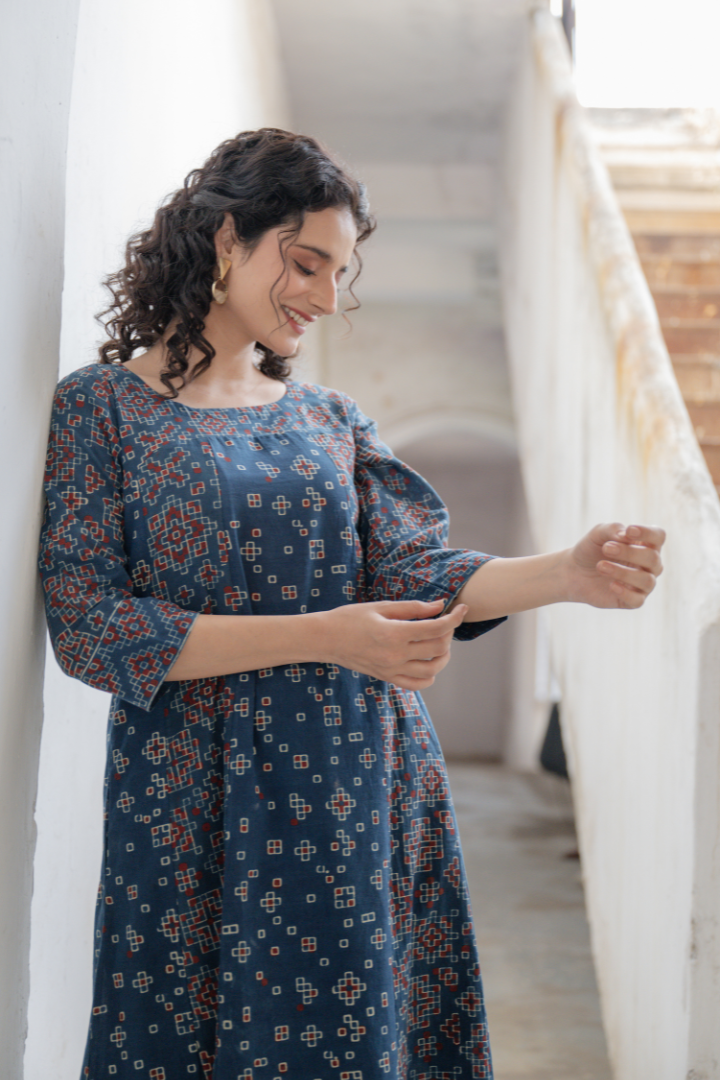 Ajrakh Hand Block Printed Indigo Cotton Dress – Rekh