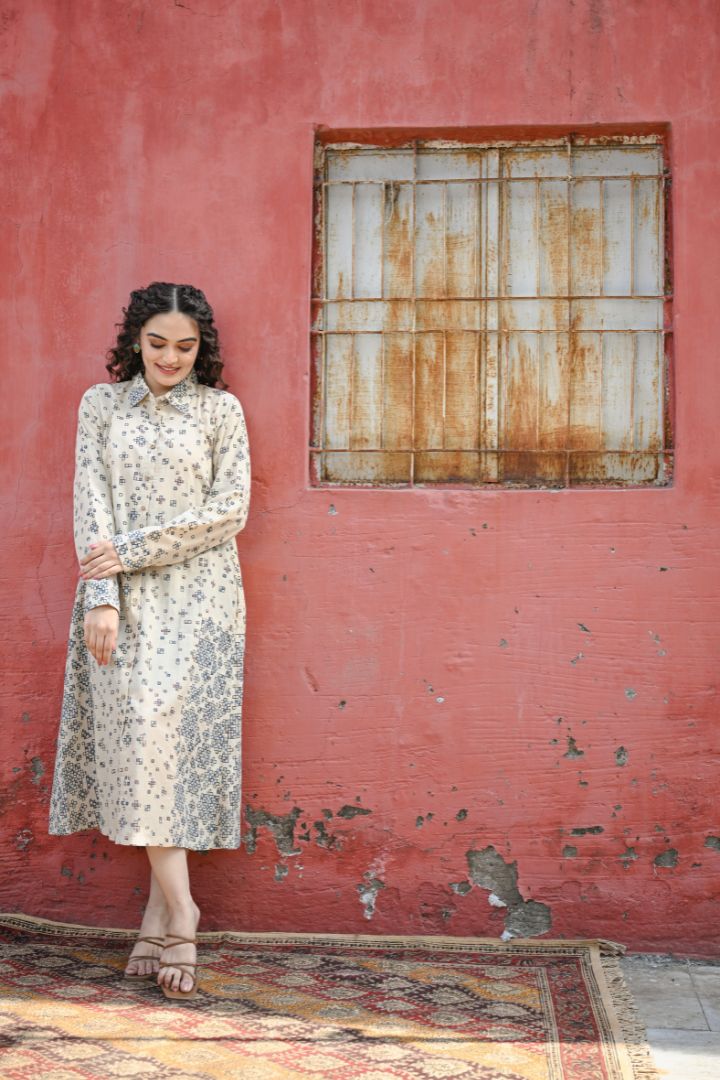 Handcrafted Ajrakh Cream Cotton Shirt Dress with Embroidery – Rekh