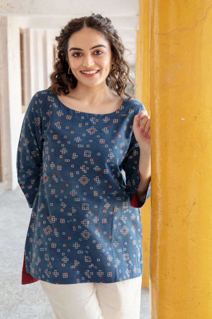 Indigo Ajrakh Printed Cotton Everyday Top – Rekh