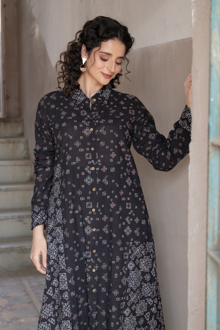 Black Ajrakh Hand Block Printed Cotton Shirt Dress – Rekh