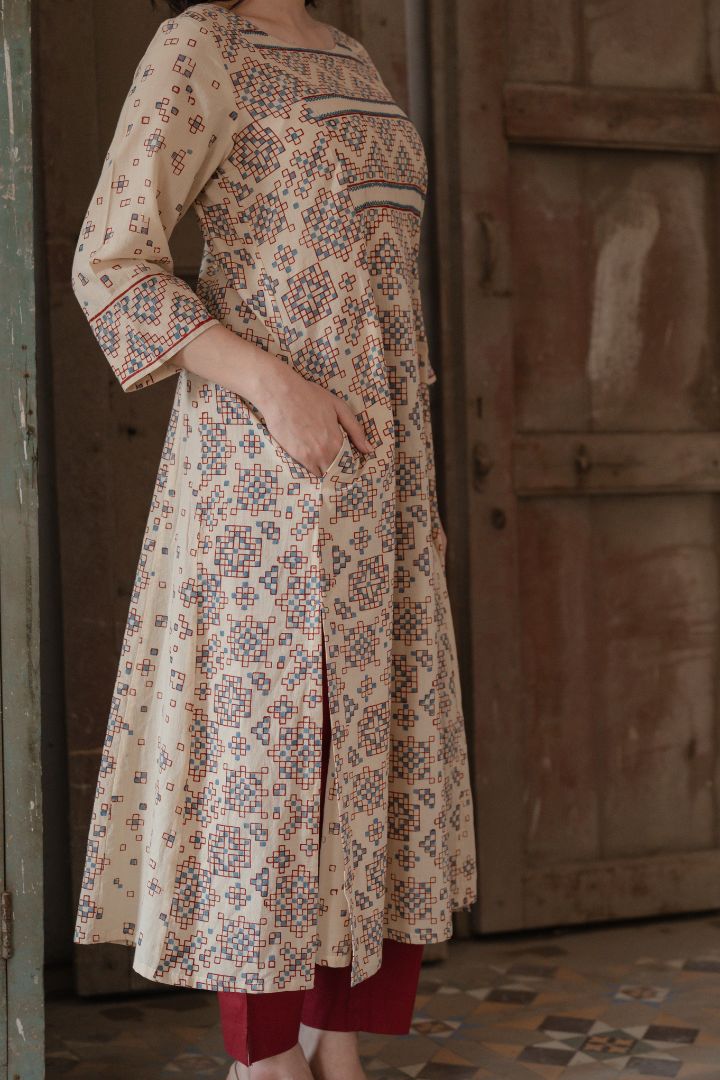Ajrakh Hand Block Printed Cream Cotton Kurta – Rekh