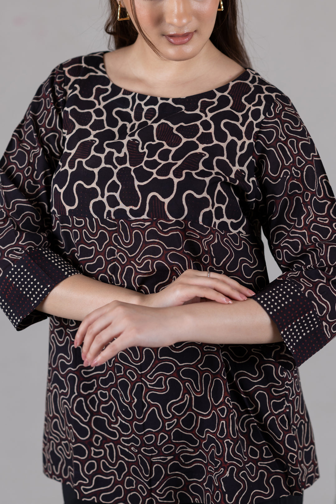 Ajrakh Block Print Boat Neck Top in Black - Kai