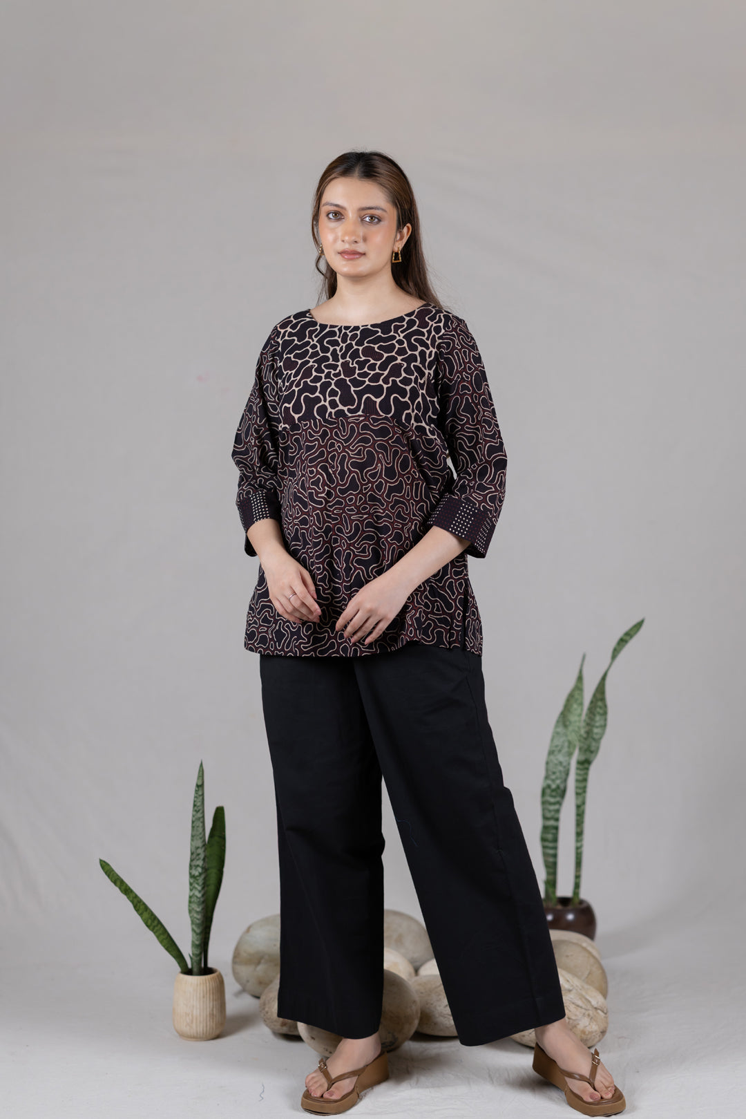 Ajrakh Block Print Boat Neck Top in Black - Kai