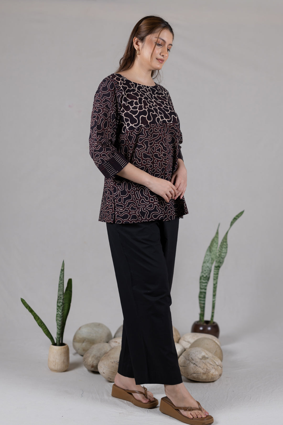 Ajrakh Block Print Boat Neck Top in Black - Kai