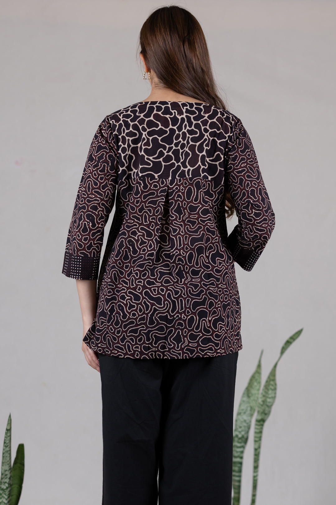 Ajrakh Block Print Boat Neck Top in Black - Kai