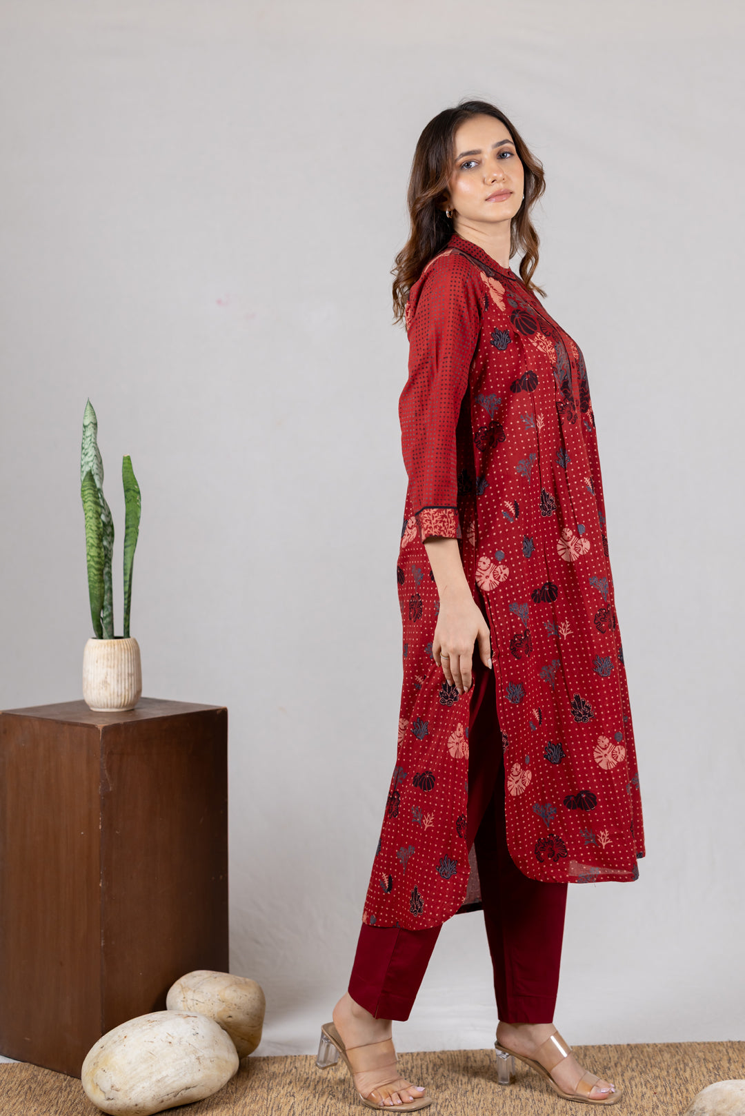 Ajrakh Block Print Placket Kurta in Maroon – Kai