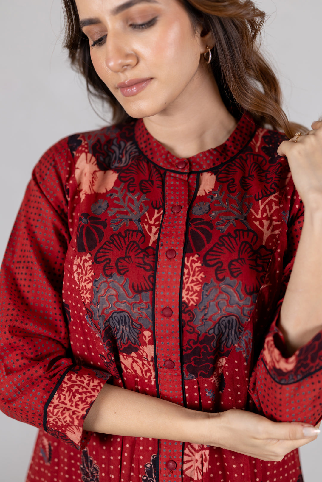 Ajrakh Block Print Placket Kurta in Maroon – Kai