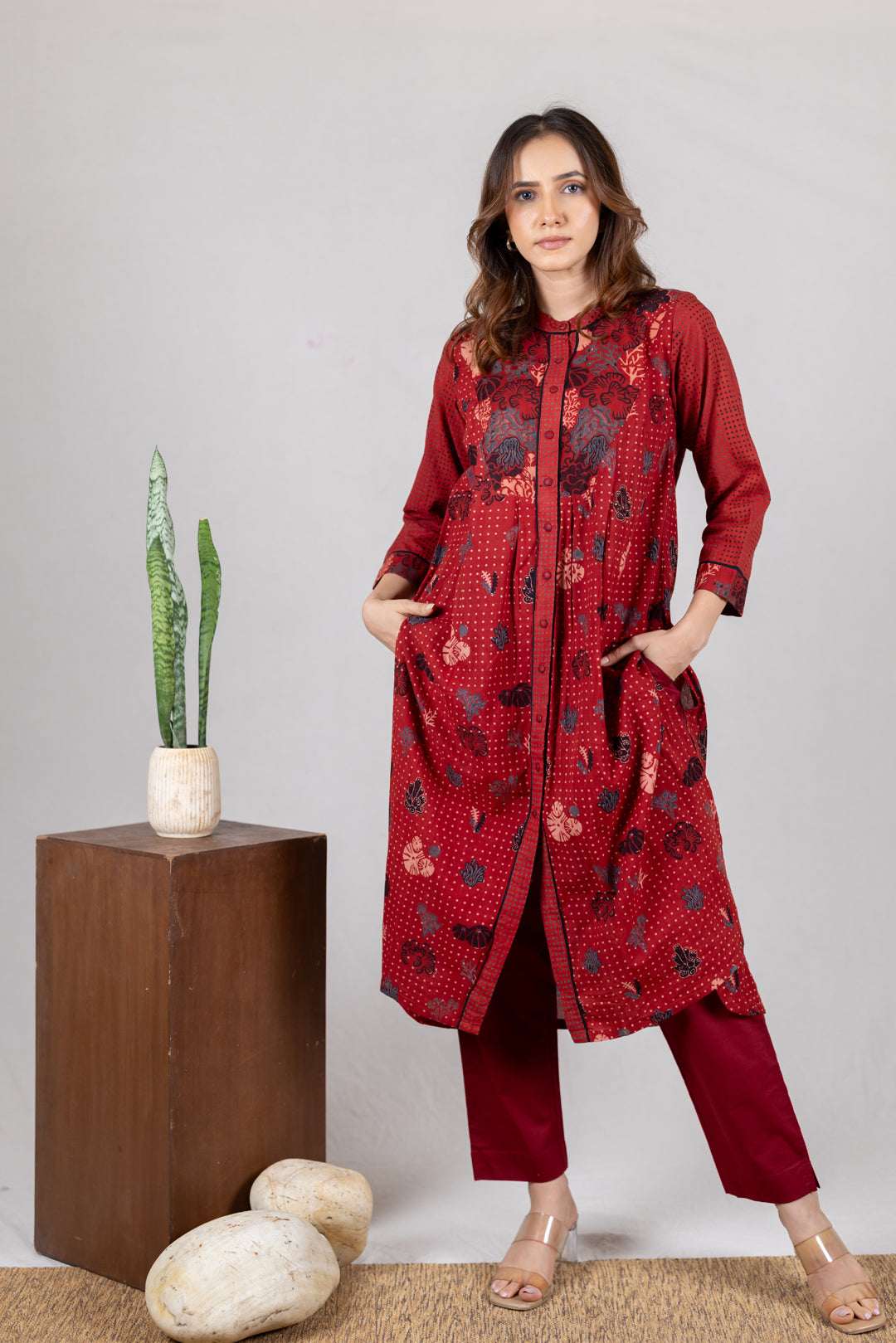 Ajrakh Block Print Placket Kurta in Maroon – Kai