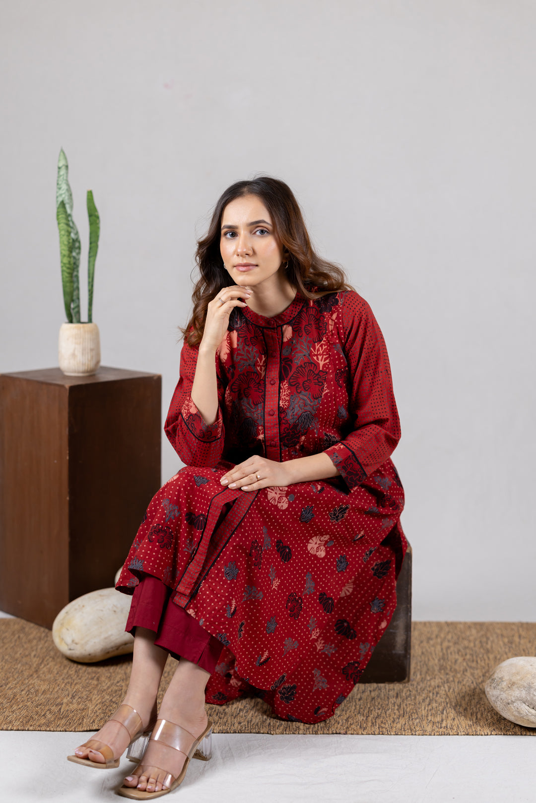 Ajrakh Block Print Placket Kurta in Maroon – Kai