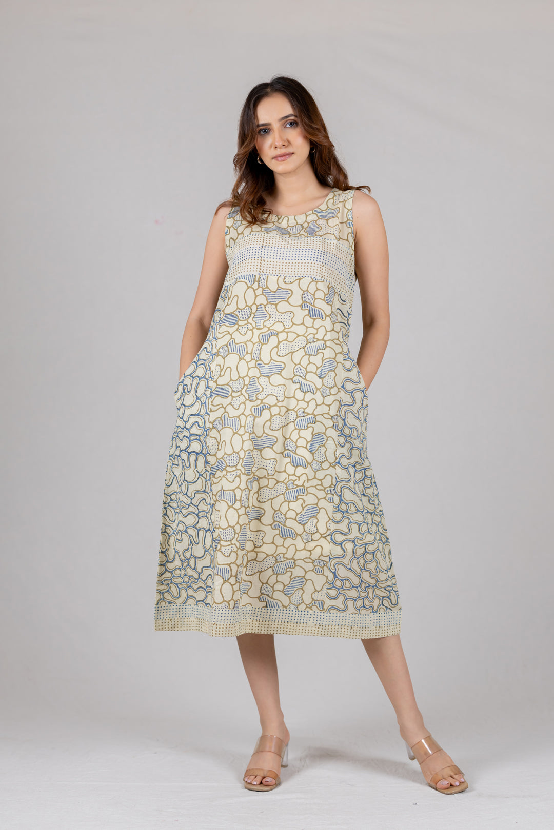 Ajrakh Block Print Sleeveless A-Line Dress with Pockets - Kai