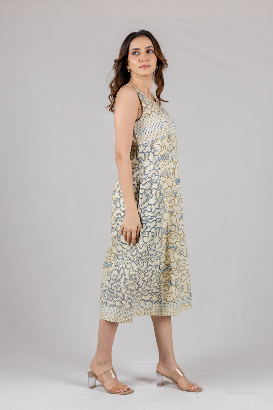 Ajrakh Block Print Sleeveless A-Line Dress with Pockets - Kai